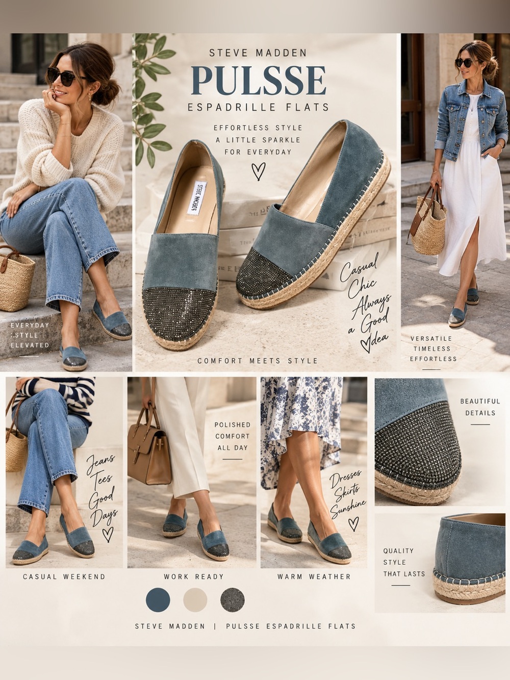 Steve Madden PULSSE Blue Suede Rhinestone Espadrille Flats Size 8